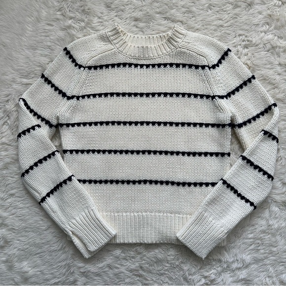 Madewell Sweater Textured Cotton Crewneck in Stripe Bright Ivory Navy Stripe S - Picture 3 of 13